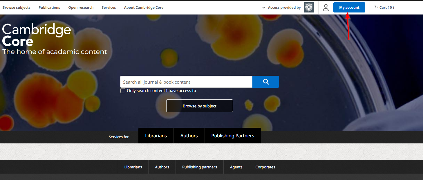 Screenshot showing 'my account' button on Higher Education after log in