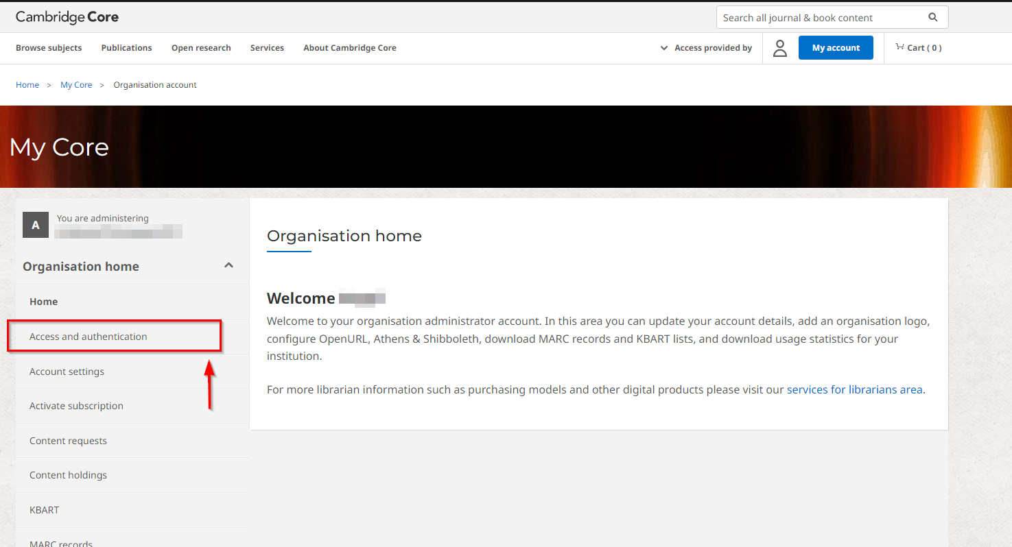 Screenshot showing 'Access and authentication' button under organisation