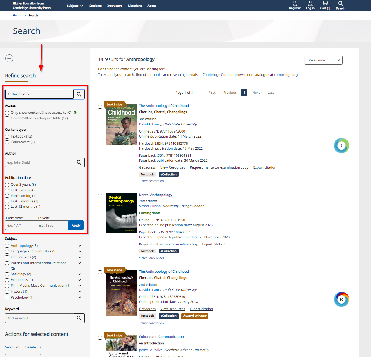 Screenshot showing how to refine your search further on the search results page