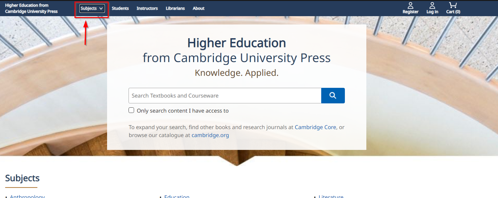 Screenshot showing 'subjects' drop down on Higher Education homepage